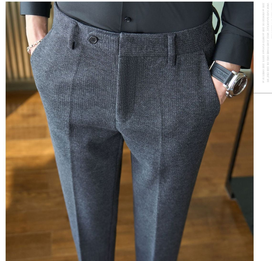 Brushed Wool-Look Slim Trousers, Ankle Length – Men – Charcoal – worn, pocket