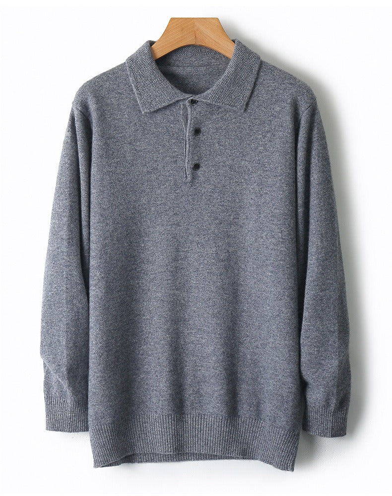 96–99% Wool Knit Polo Sweater, Long Sleeve – Men – Grey – front