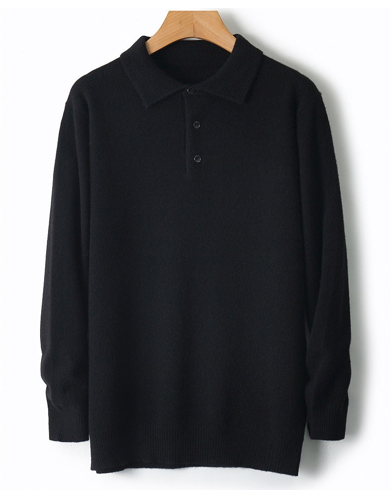 96–99% Wool Knit Polo Sweater, Long Sleeve – Men – Black – front