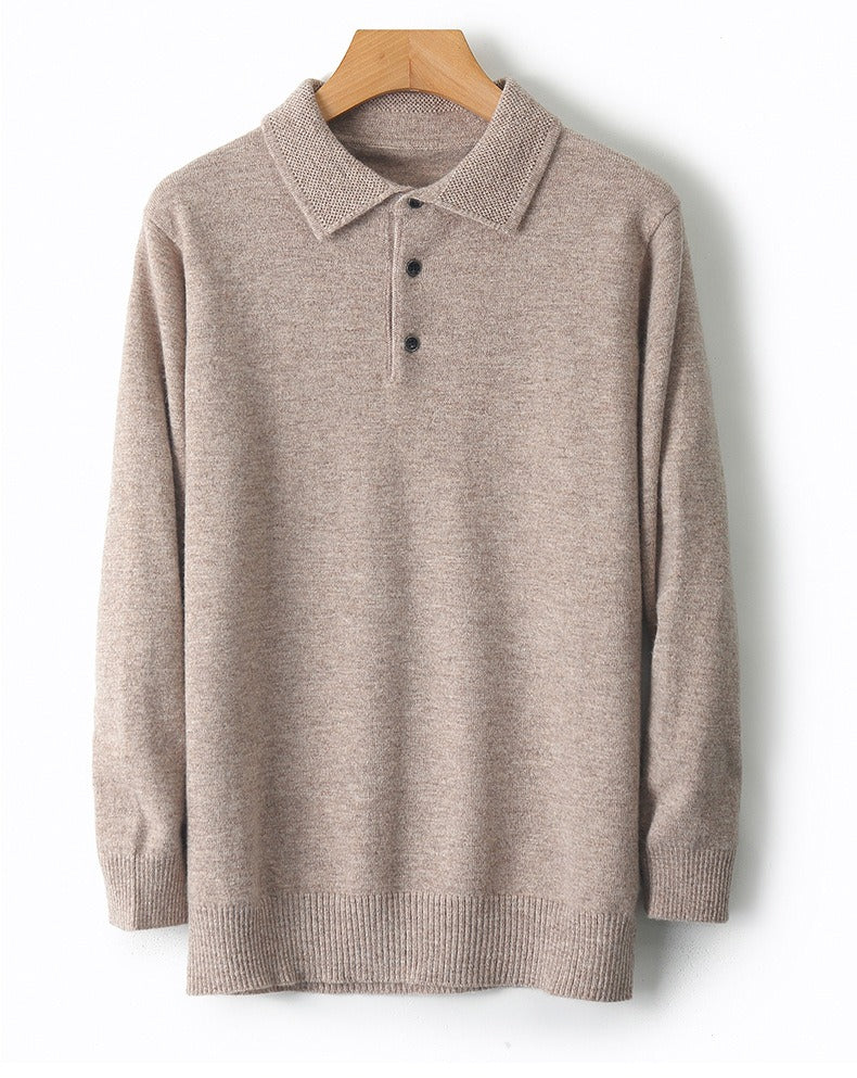 96–99% Wool Knit Polo Sweater, Long Sleeve – Men – Beige – front