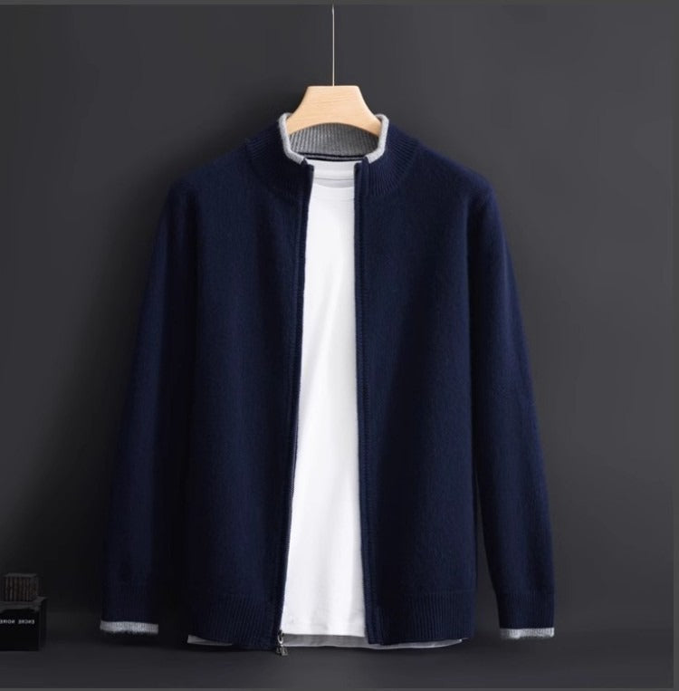 Tipped Stand-Collar Zip Cardigan – Men – Navy – front