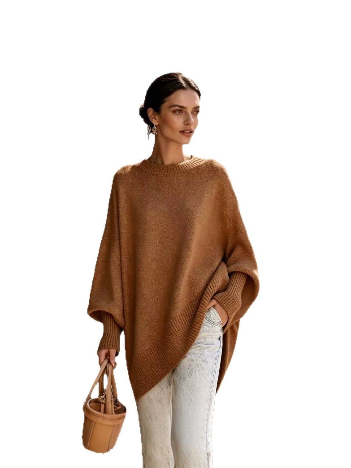 100% Polyester Oversized Batwing Sweater – Women – Camel – worn