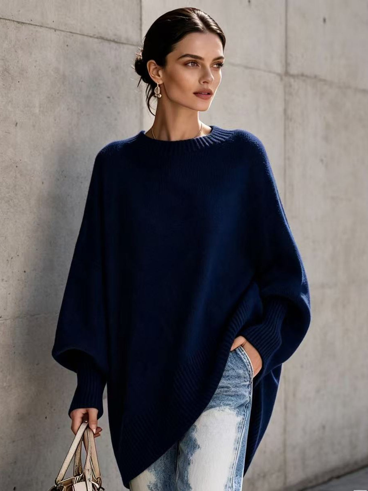 100% Polyester Oversized Batwing Sweater – Women – Navy – worn