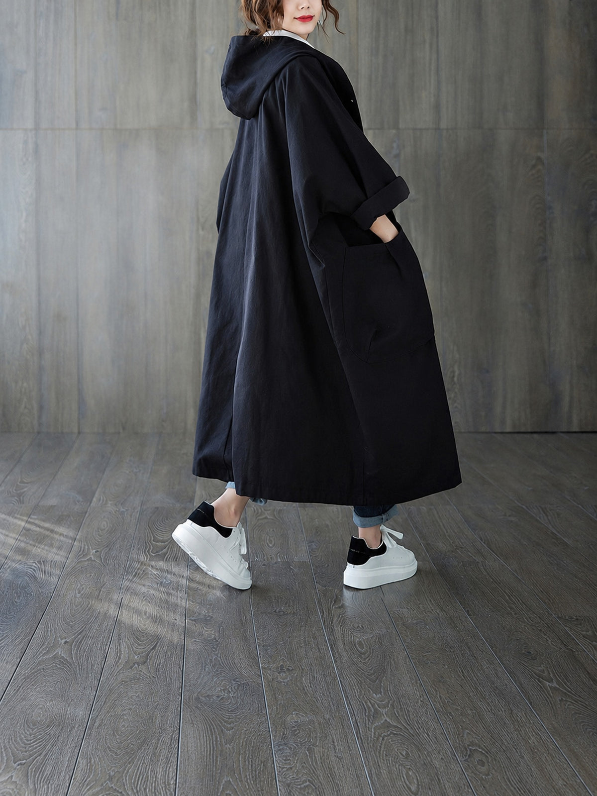 65% Polyester, 35% Cotton Oversized Hooded Long Coat – Women – Black – back