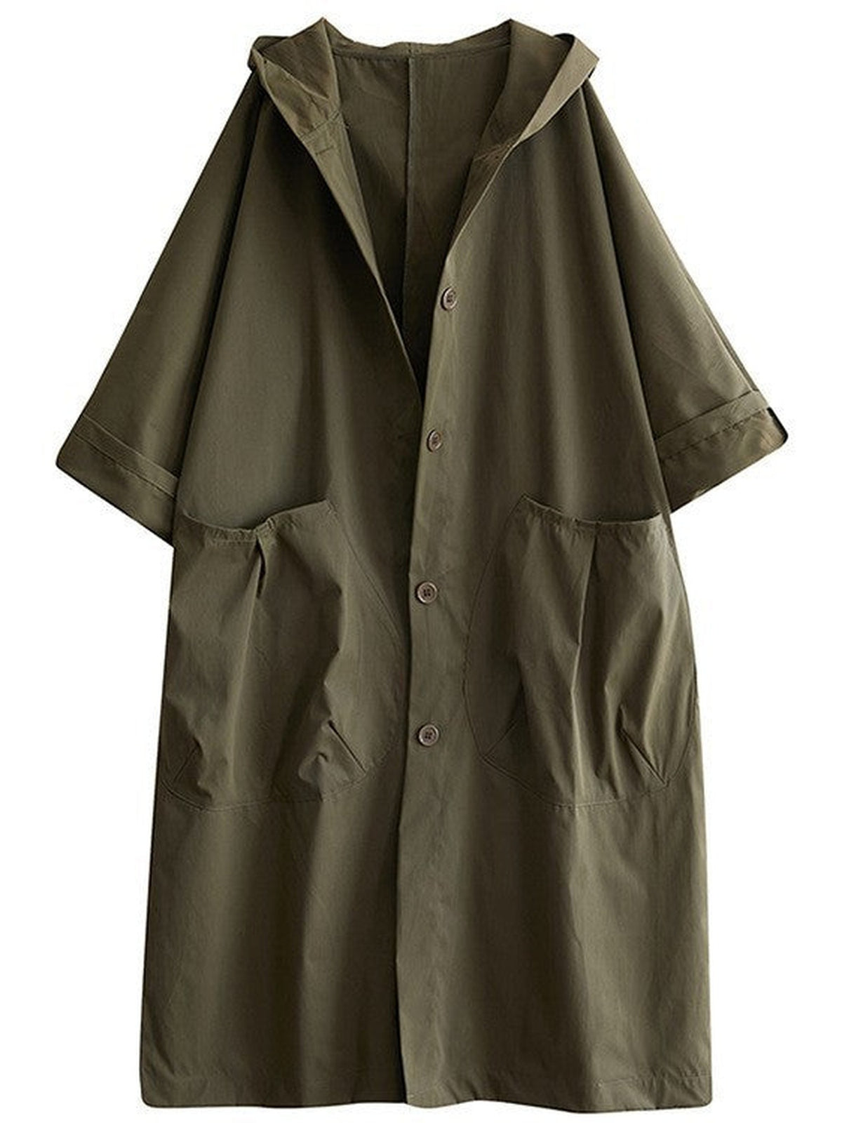 65% Polyester, 35% Cotton Oversized Hooded Long Coat – Women – Olive – front