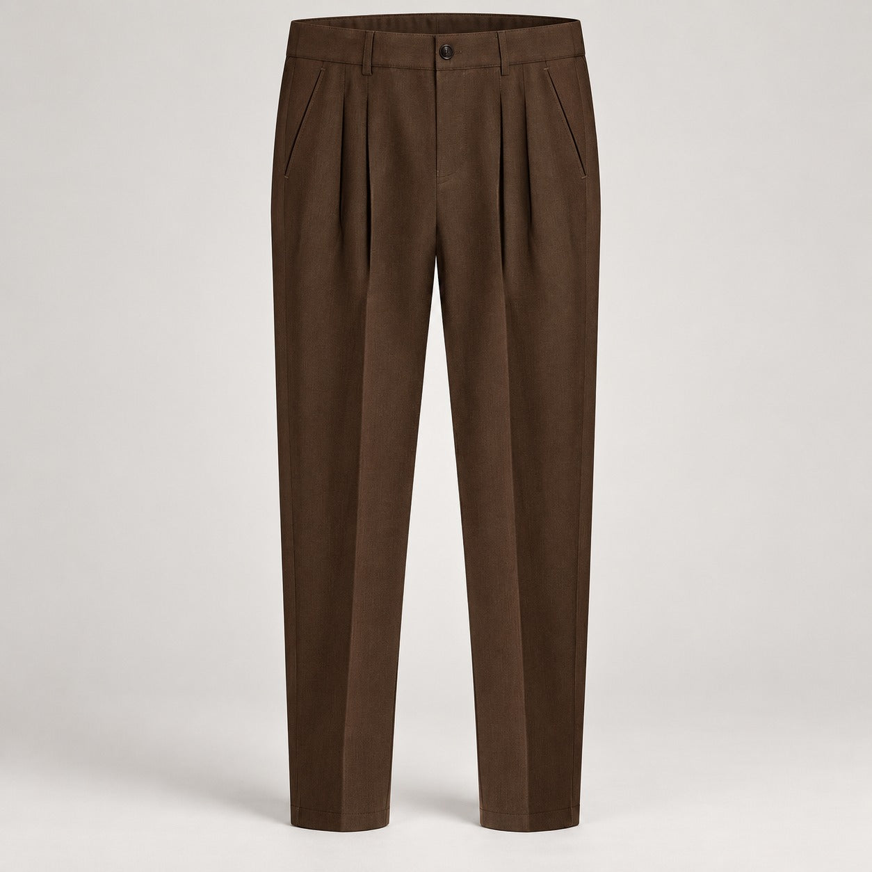 Pleated Tapered Trousers, Stretch, Ankle Length – Men – Brown – front, flat