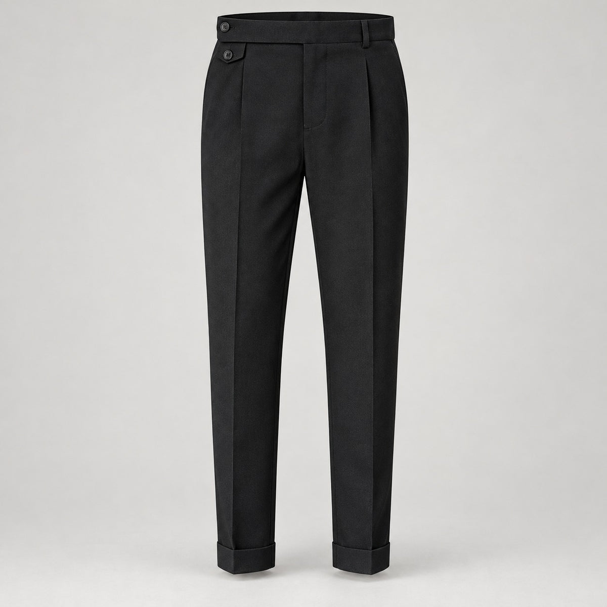 Pleated Trousers, Extended Tab Waist, Cropped Leg – Men – Black – front full length