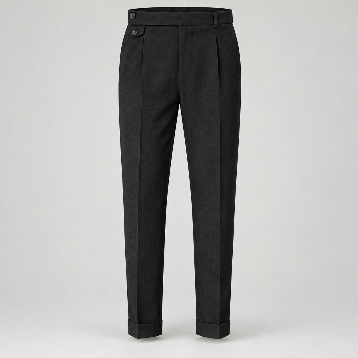 Pleated Trousers, Extended Tab Waist, Cropped Leg – Men – Black – front full length