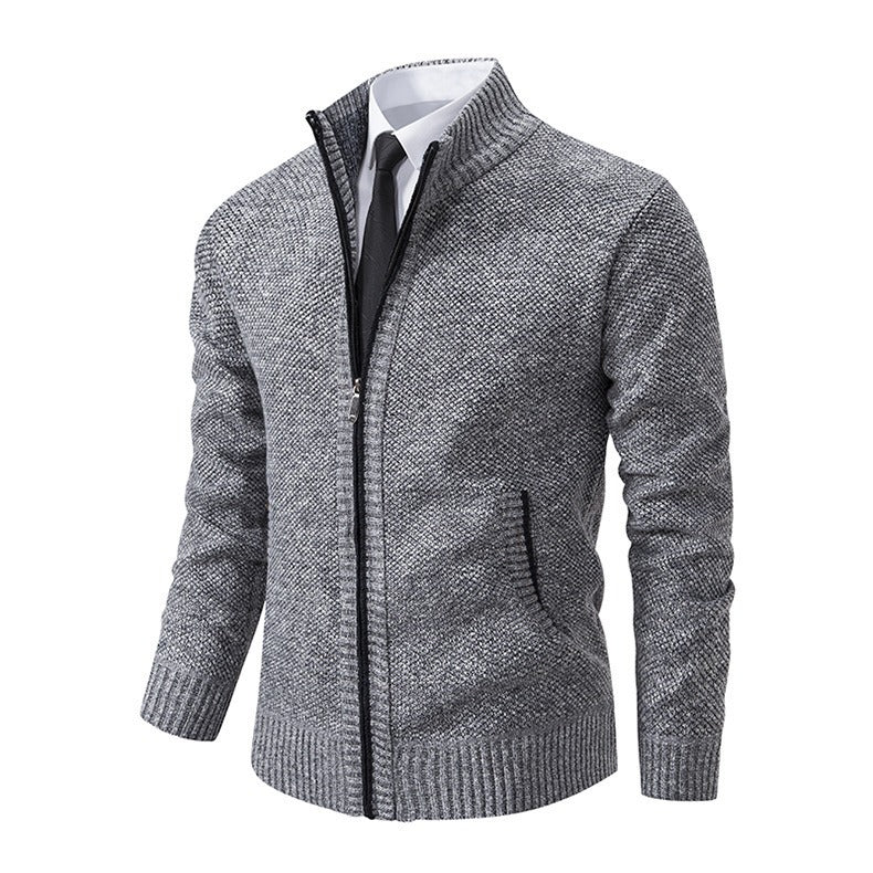 Marled Knit Zip Cardigan, Stand Collar – Men – Grey – three-quarter