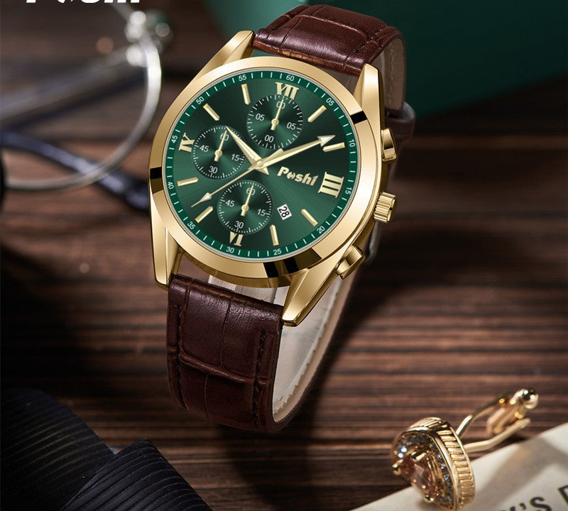 Classic Chronograph Watch, Leather Strap – Men – Gold · Green Dial · Brown Leather – lifestyle
