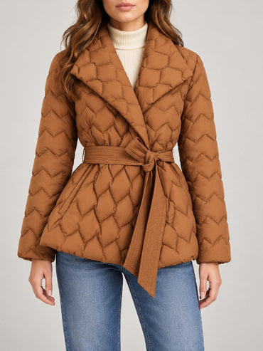 100% Polyester Quilted Belted Puffer Jacket – Women – Tan – worn