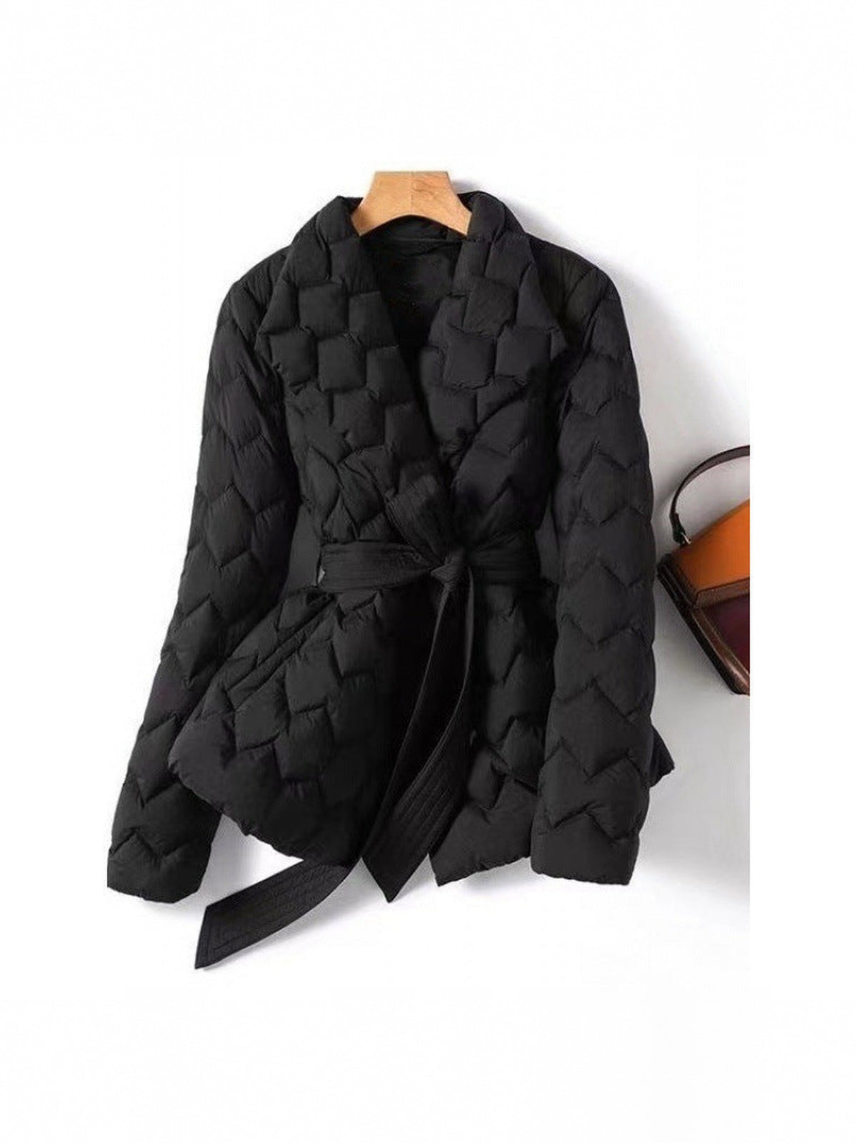 100% Polyester Quilted Belted Puffer Jacket – Women – Black – front