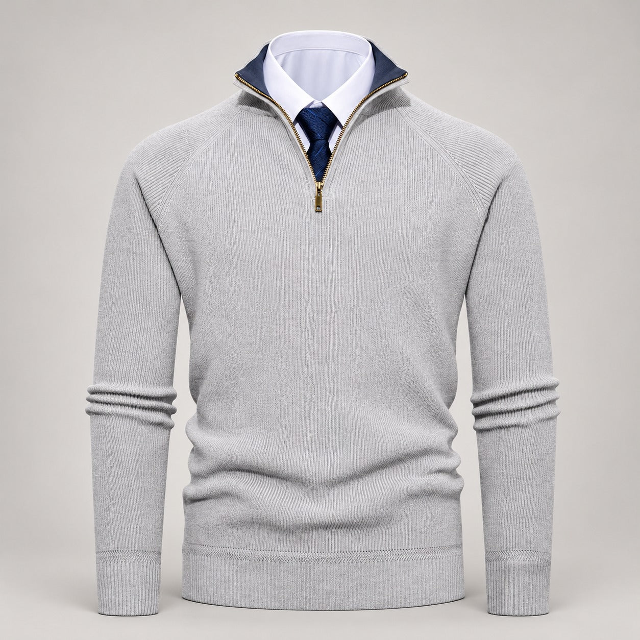 Ribbed Quarter-Zip Sweater, Raglan Sleeves – Men – Grey – front