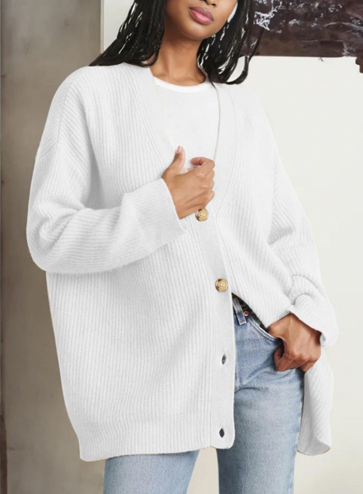 Ribbed V-Neck Button Cardigan – Women – White – worn