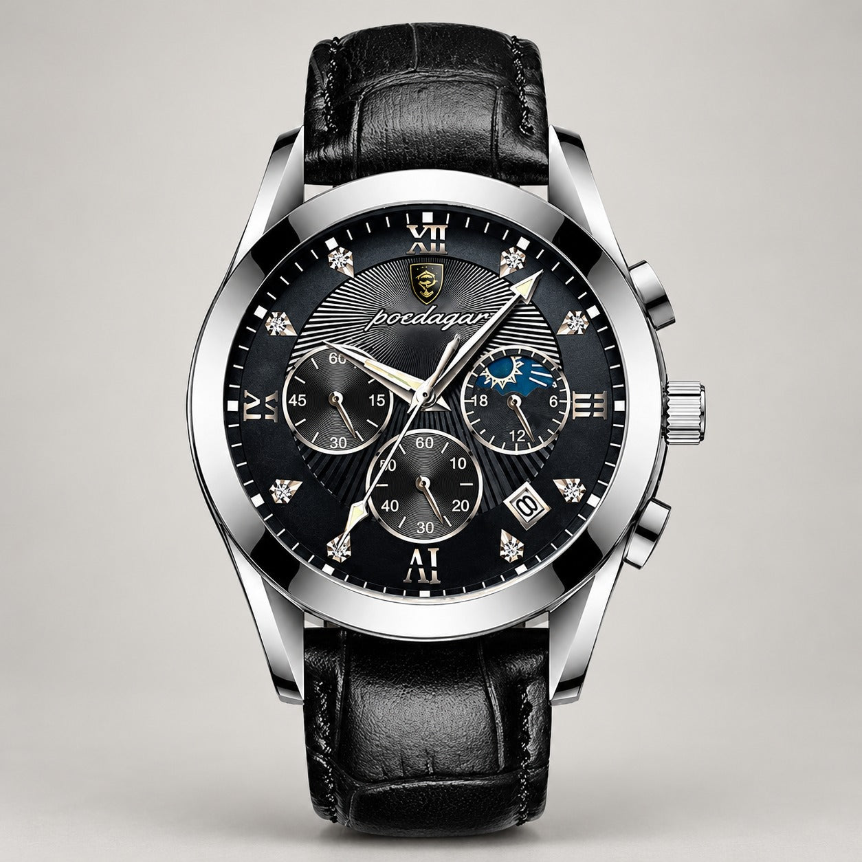 Sapphire-Glass Dress Watch, Date, Leather or Steel – Men – Silver · Black Dial · Black Leather – front