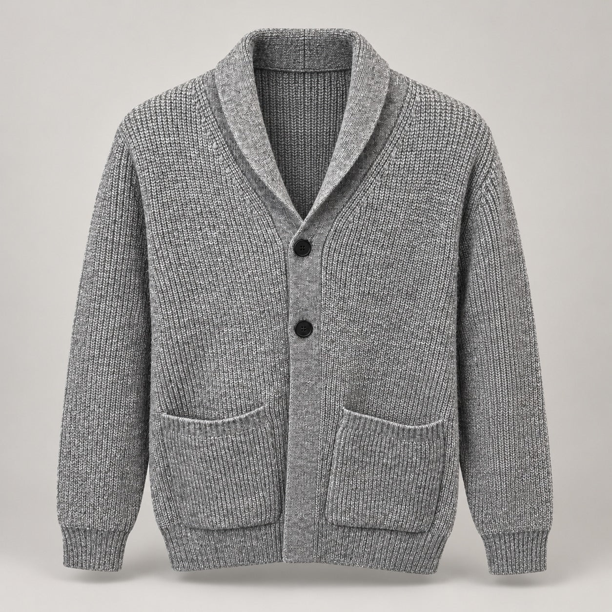 Shawl-Collar Ribbed Knit Cardigan – Men – Grey – front, pockets