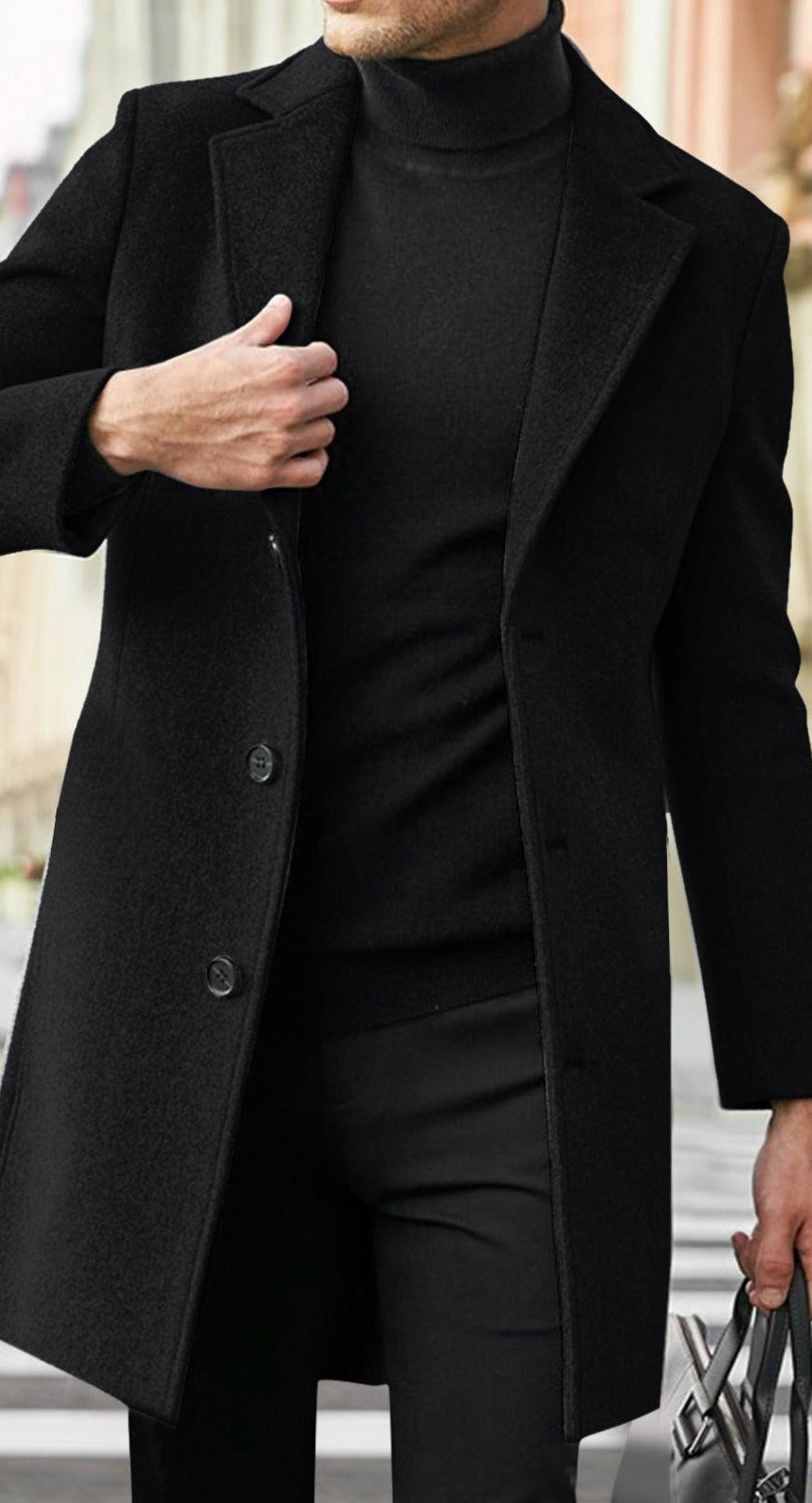 Single-Breasted Mid-Length Coat, Wool-Look – Men – Black – front