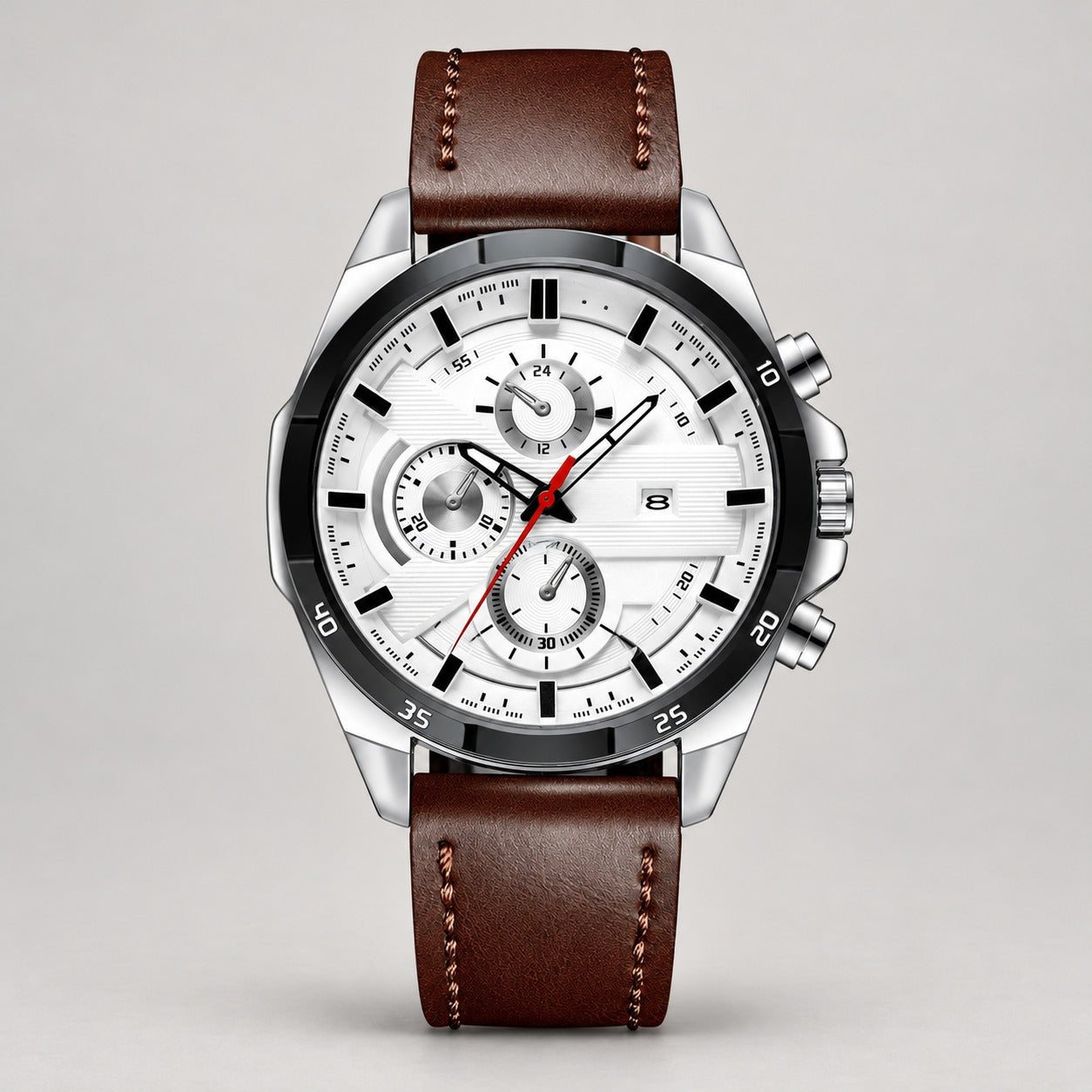 Sport Chronograph Watch, Leather or Steel – Men – Silver · White Dial · Brown Leather – front