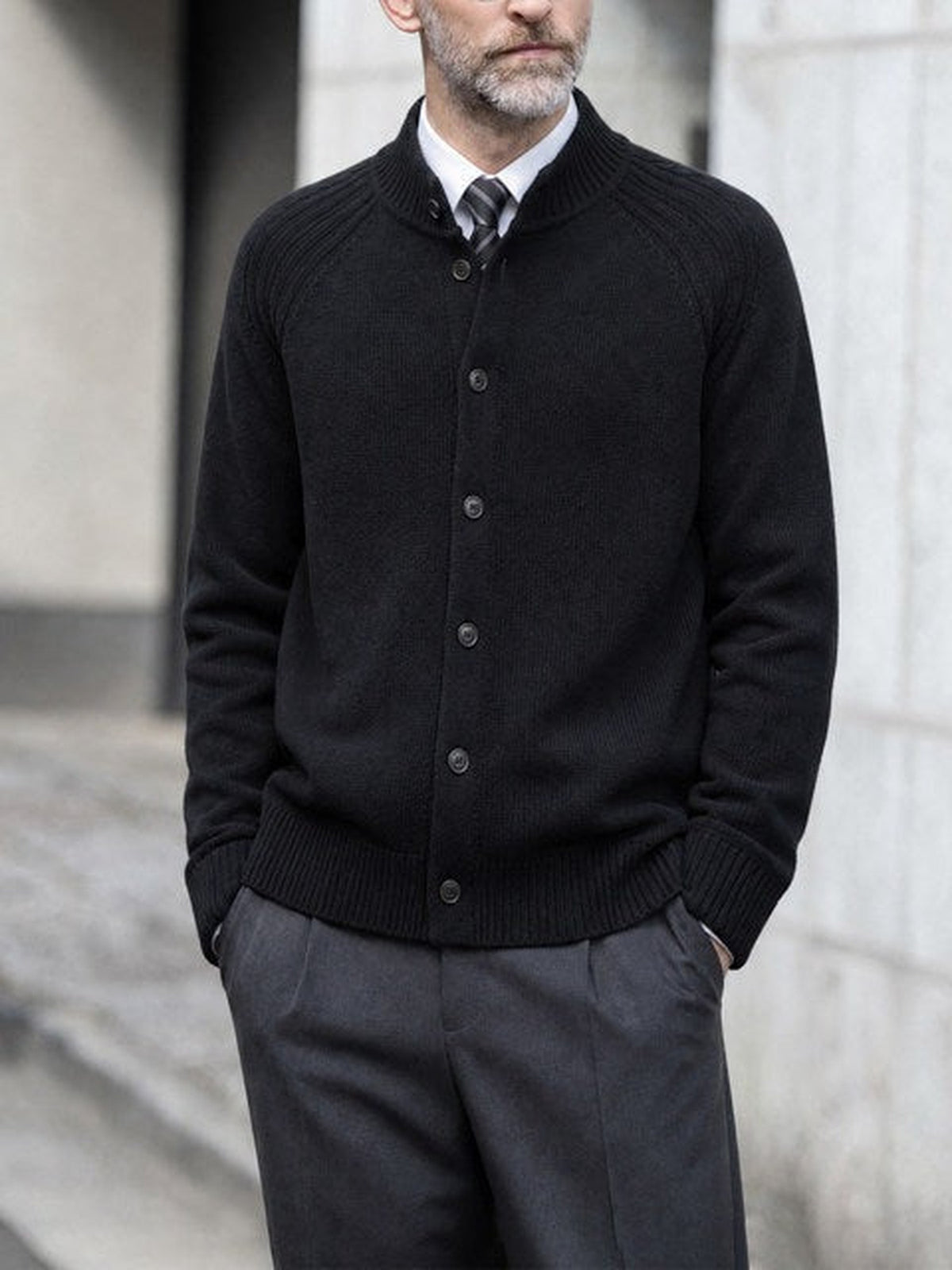 57.7% Acrylic, 42.3% Cotton Stand-Collar Cardigan – Men – Black – worn