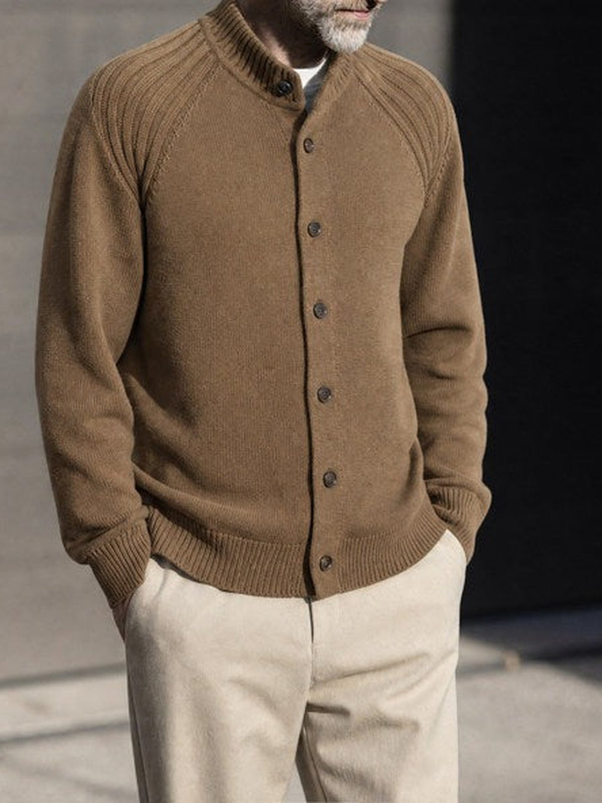 57.7% Acrylic, 42.3% Cotton Stand-Collar Cardigan – Men – Brown – worn