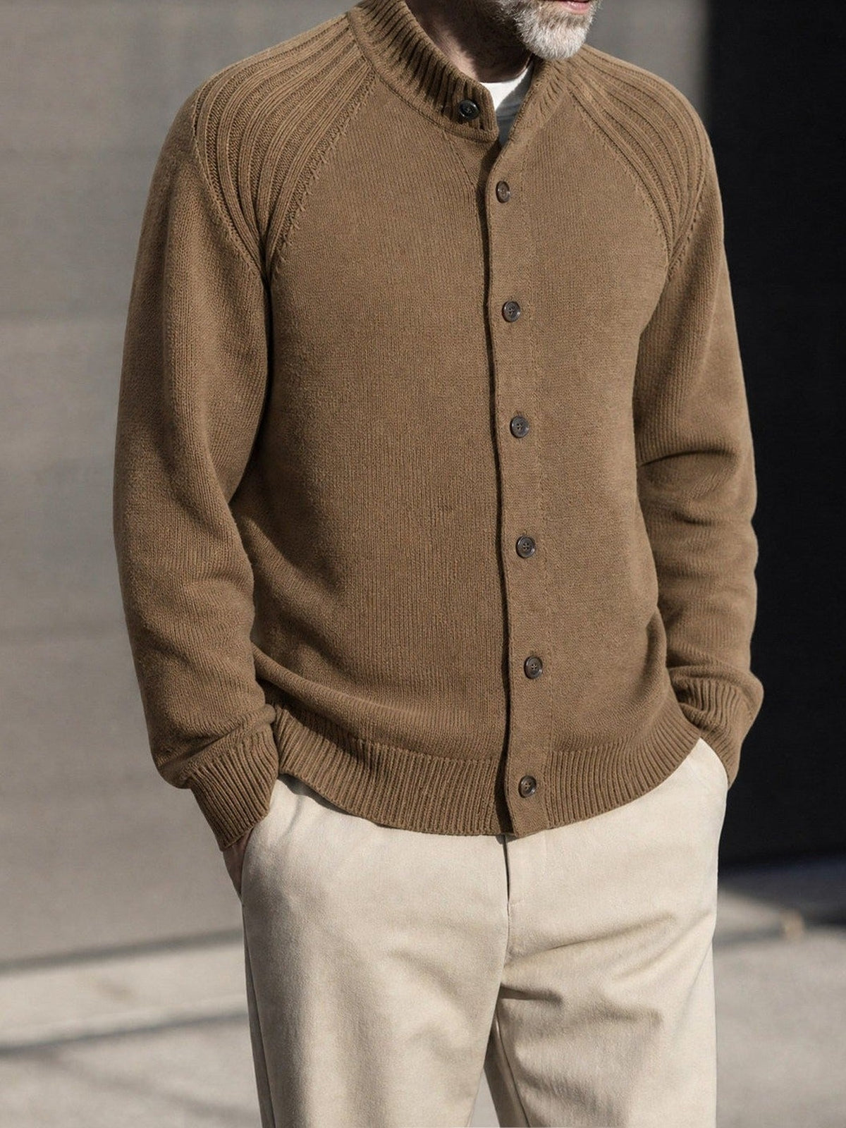 57.7% Acrylic, 42.3% Cotton Stand-Collar Cardigan – Men – Brown – worn