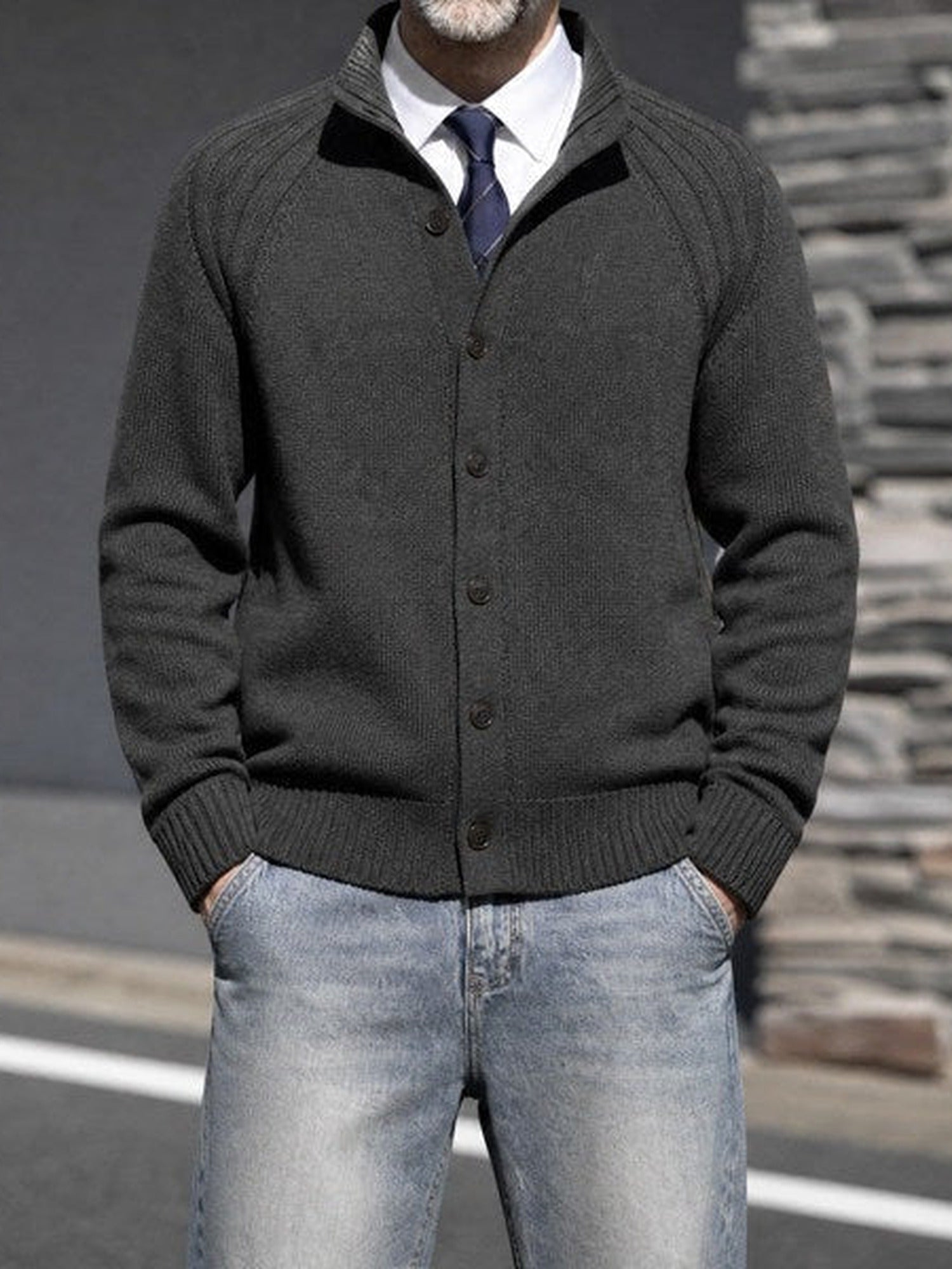 57.7% Acrylic, 42.3% Cotton Stand-Collar Cardigan – Men – Charcoal – worn