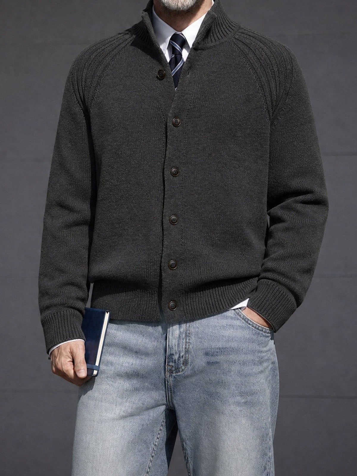 57.7% Acrylic, 42.3% Cotton Stand-Collar Cardigan – Men – Charcoal – worn