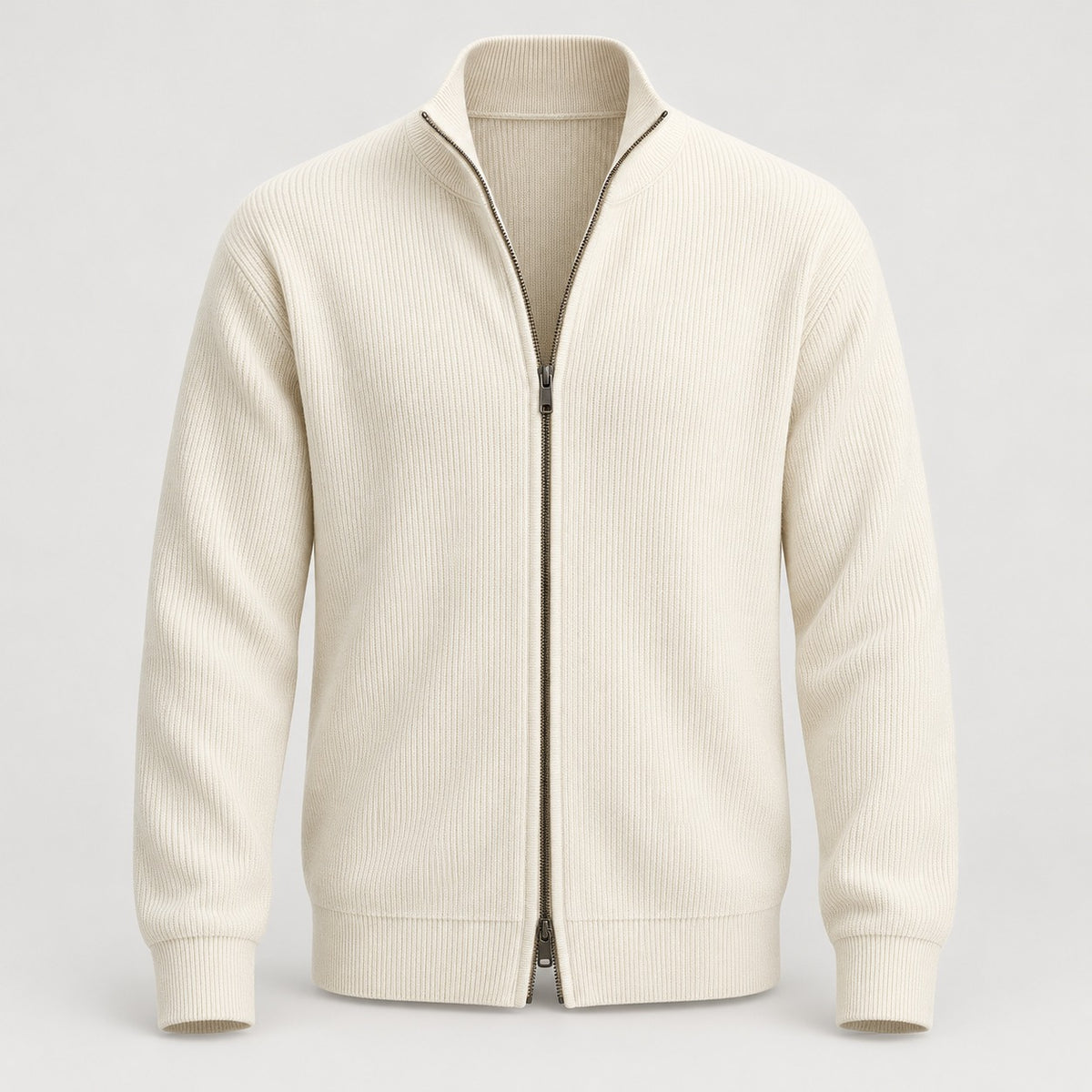 Stand-Collar Zip Knit Cardigan – Men – Cream – worn, front