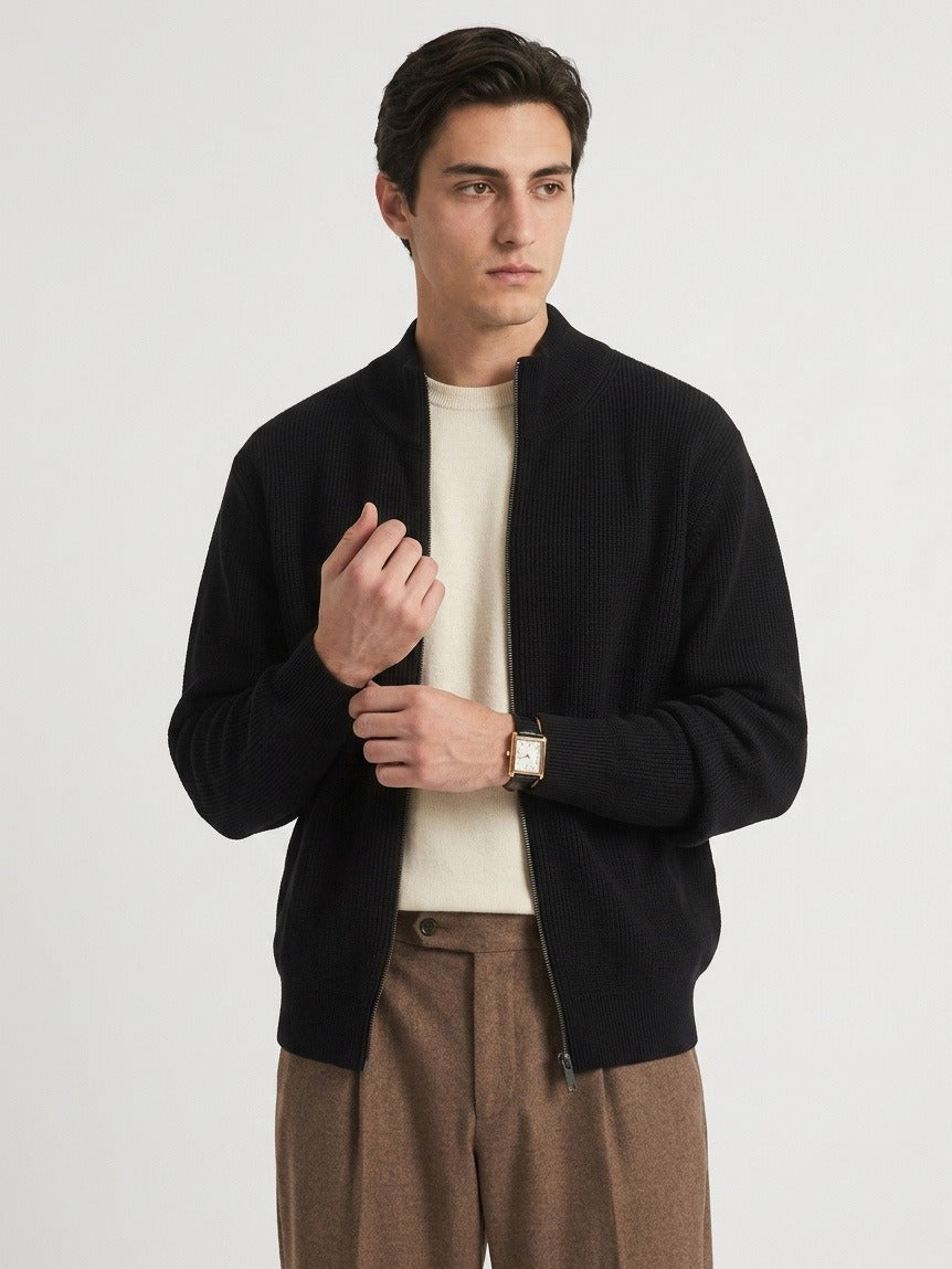 Stand-Collar Zip Knit Cardigan – Men – Black – worn, close