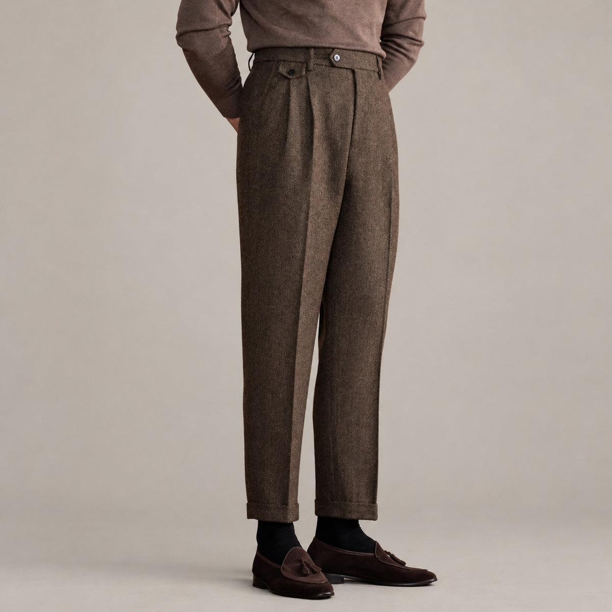 The Camel Coat — Old Money Winter Look – brown herringbone pleated trousers worn