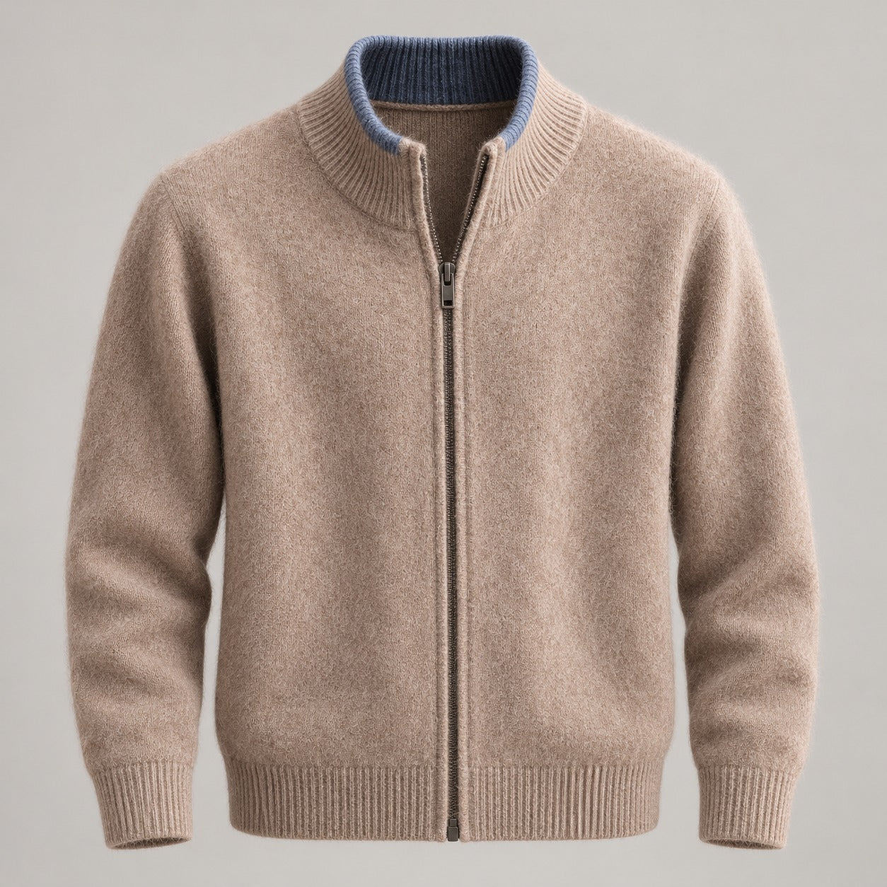 Tipped Stand-Collar Zip Cardigan – Men – Camel – collar