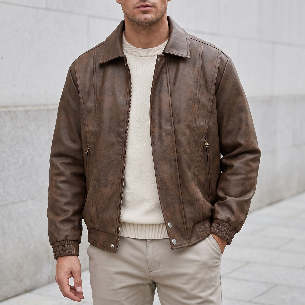 Vintage Leather-Look Bomber Jacket – Men – Brown – worn