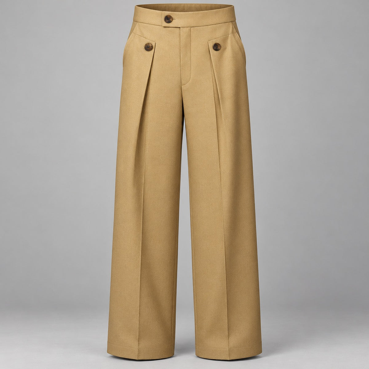 Wide-Leg Pleated Trousers, Button Flap Front – Men – Tan – worn