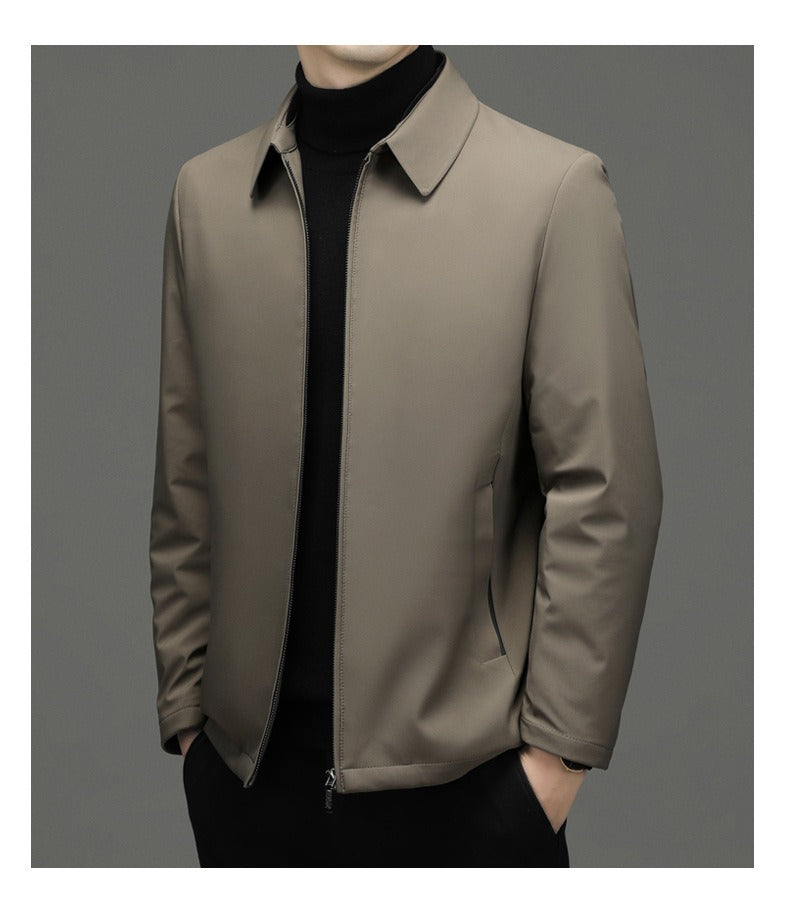 Duck Down Zip Jacket, Point Collar – Men – Stone – worn, side