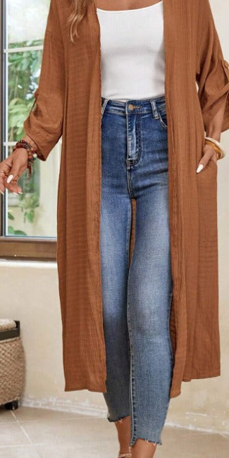 65% Viscose Long Open Kimono Duster – Women – Brown – worn