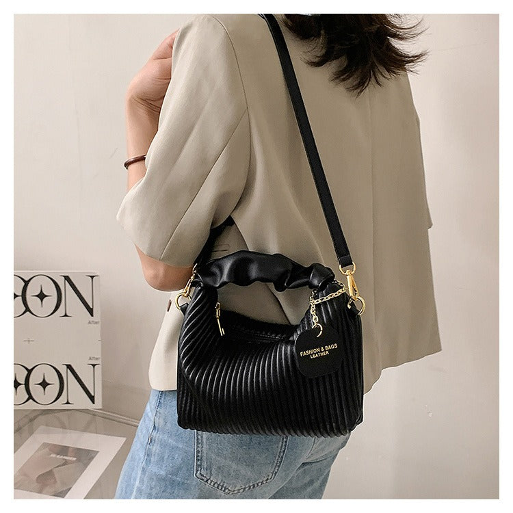 Pleated Faux-Leather Shoulder Bag – Women – Black – worn, crossbody