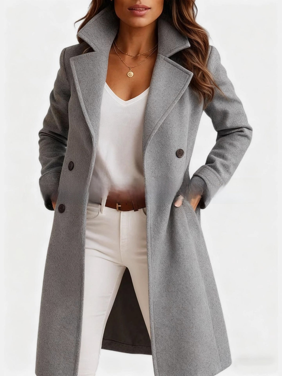 30–35% Wool Long Double-Breasted Coat – Women – Grey – worn