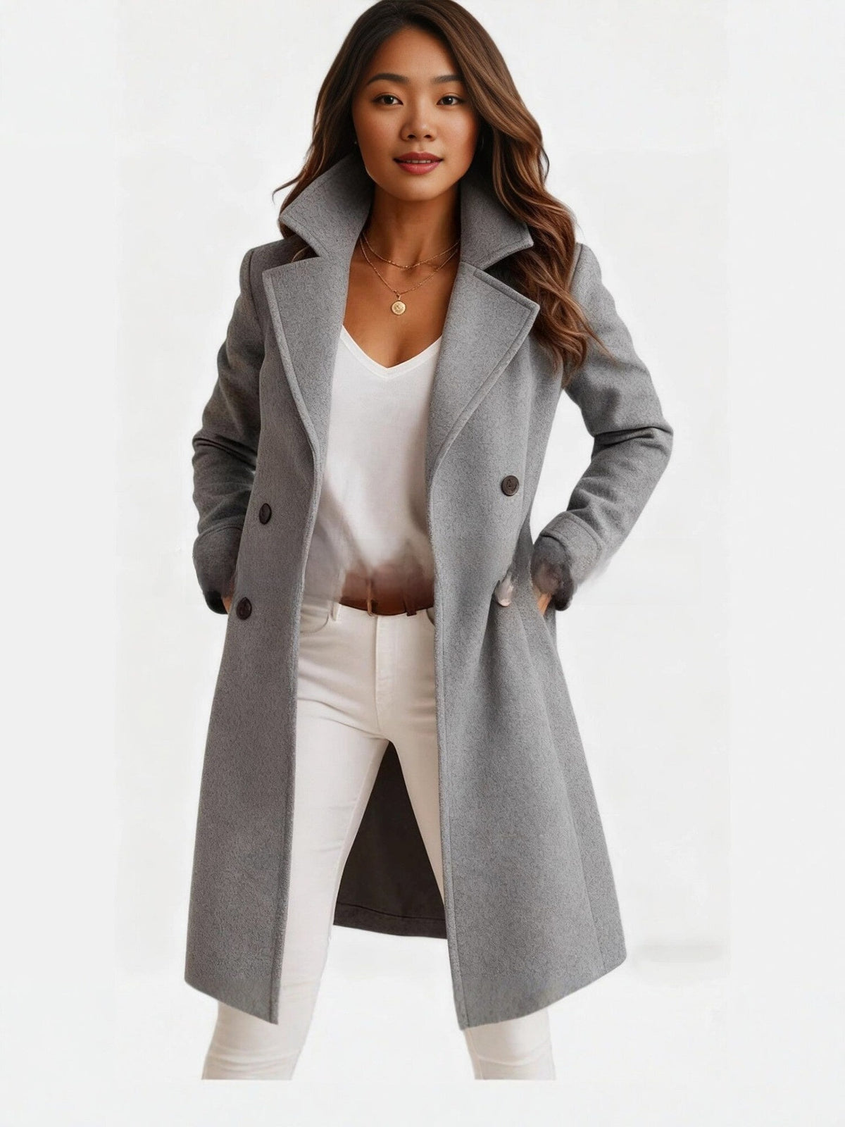 30–35% Wool Long Double-Breasted Coat – Women – Grey – worn