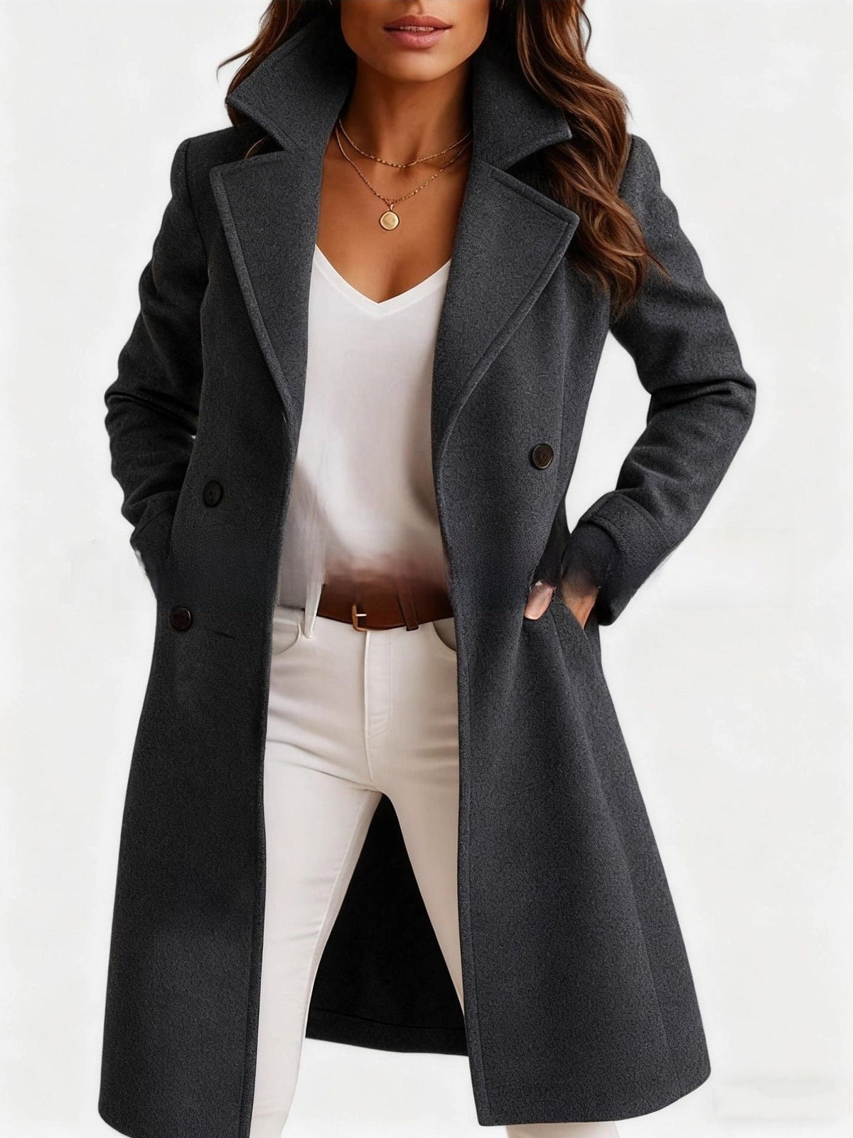 30–35% Wool Long Double-Breasted Coat – Women – Charcoal – worn
