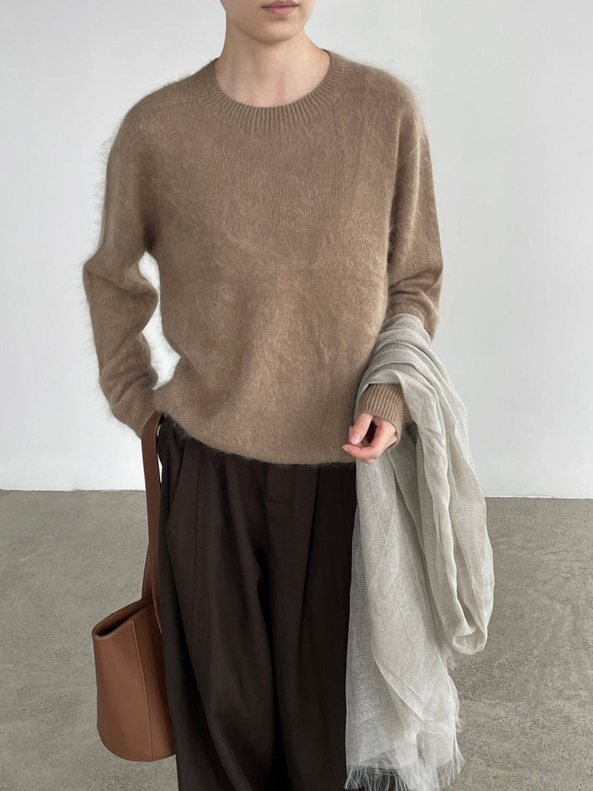 90% Wool, 5% Cashmere, 5% Silk Crew-Neck Sweater – Women – Beige – worn