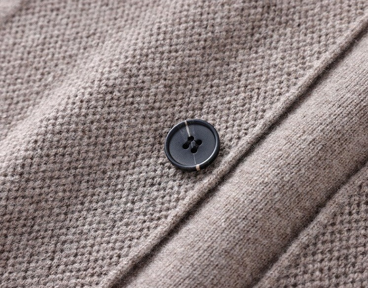 100% Wool Knit Shirt-Collar Cardigan – Men – Stone – button detail