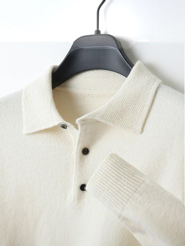 96–99% Wool Knit Polo Sweater, Long Sleeve – Men – Cream – collar and cuff