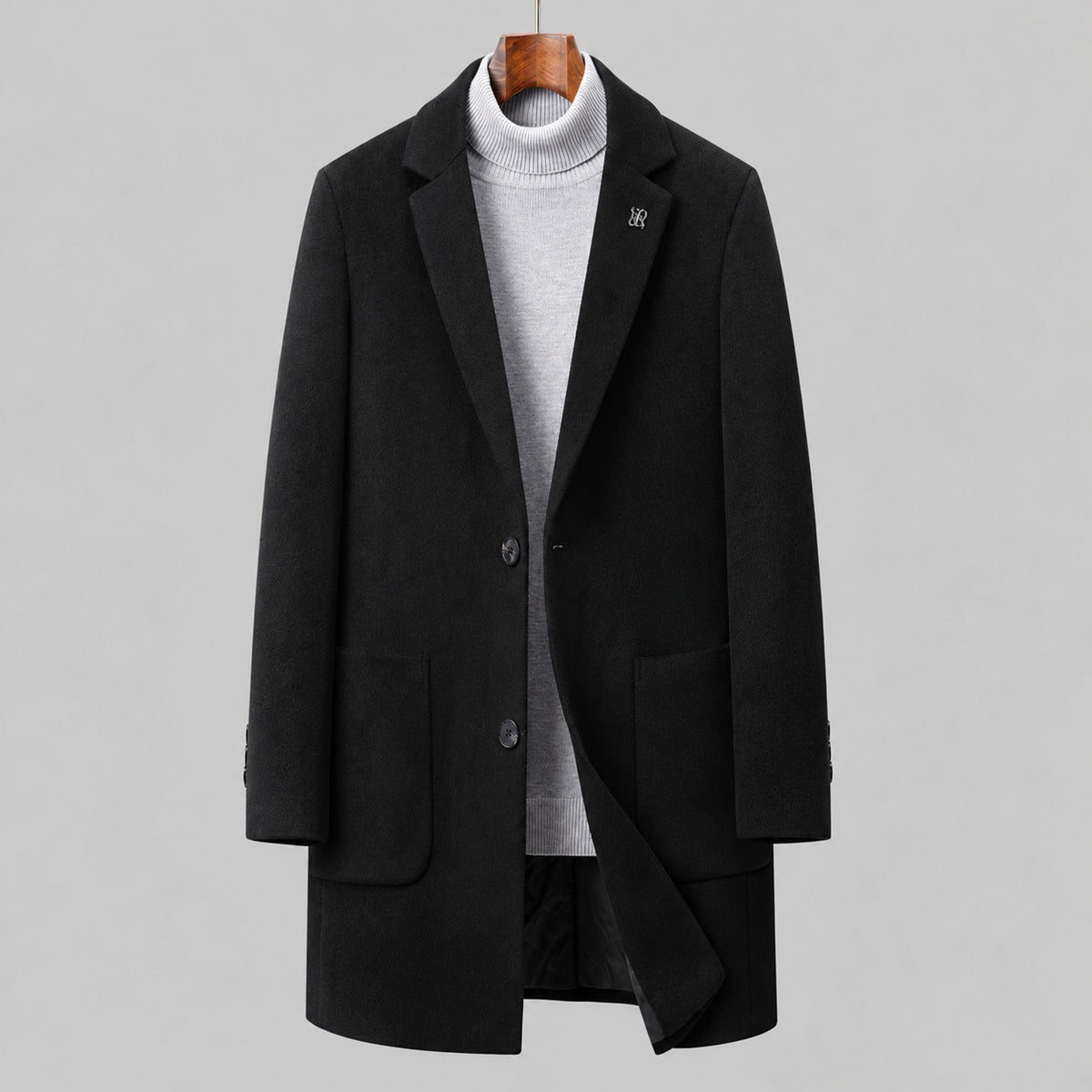 Wool Overcoat, Single-Breasted Mid-Length – Men – Black – front