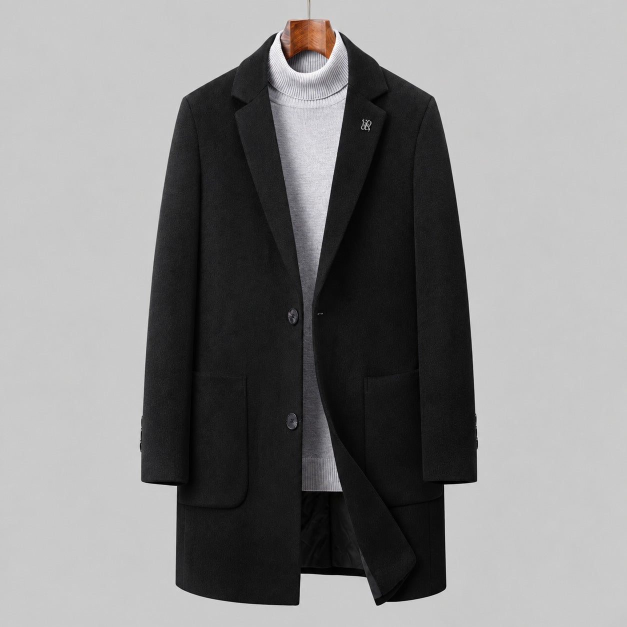 Wool Overcoat, Single-Breasted Mid-Length – Men – Black – front