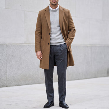Wool Overcoat, Single-Breasted Mid-Length – Men – Camel – worn