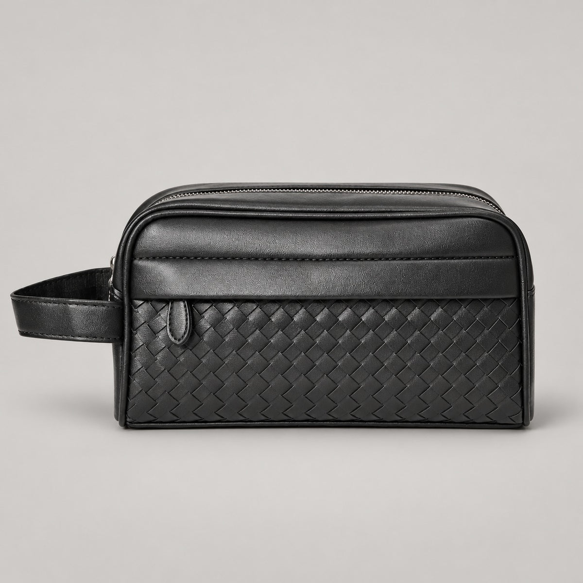 Woven Leather-Look Zip Pouch, Wrist Strap – Men – Black – front