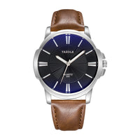 Minimalist Dress Watch, Leather Strap – Men – Silver · Black Dial · Brown Strap – front