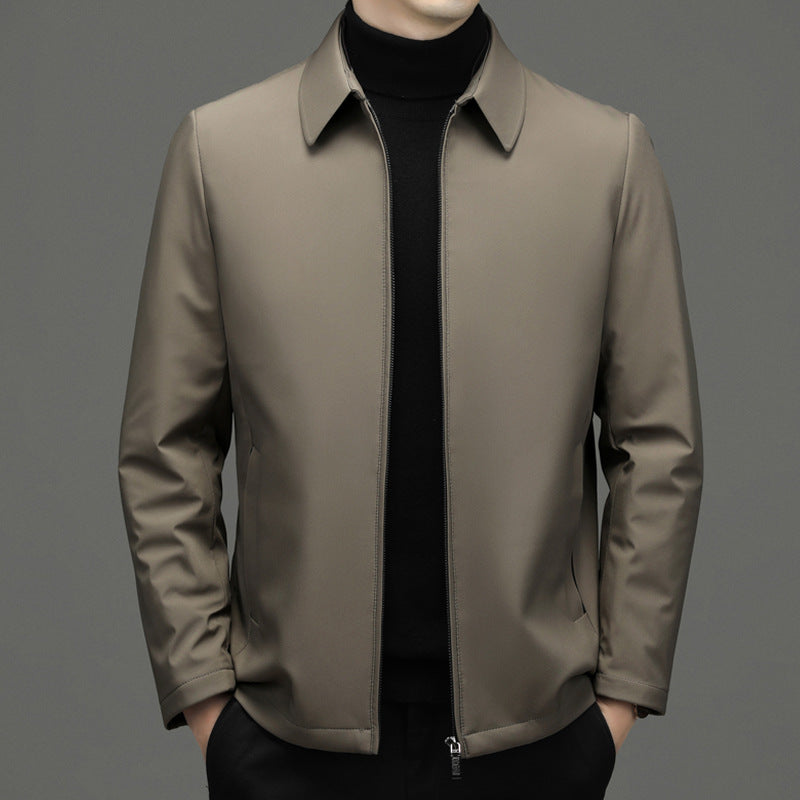 Duck Down Zip Jacket, Point Collar – Men – Stone – worn, front