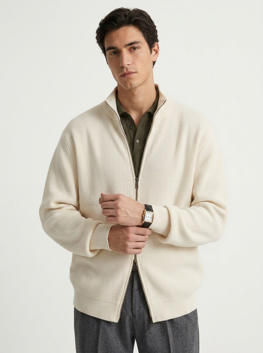 Stand-Collar Zip Knit Cardigan – Men – Cream – worn, front, hands