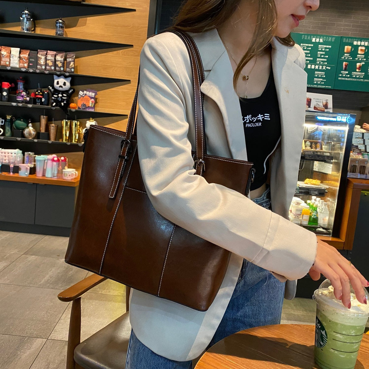 Genuine Leather Tote Bag – Women – Brown – worn